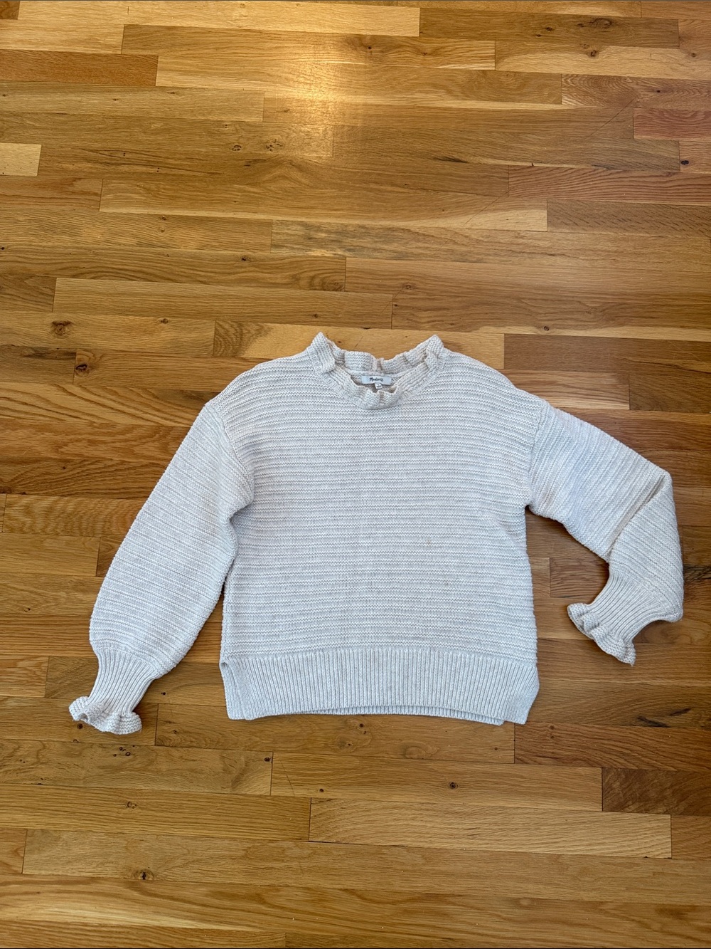 Madewell Cream Ruffle Trim Crewneck Sweater